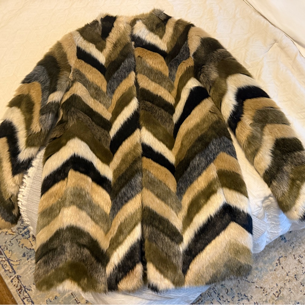 Amuse Society Chevron Pattern Fur Jacket - green tan and black chevron stripes